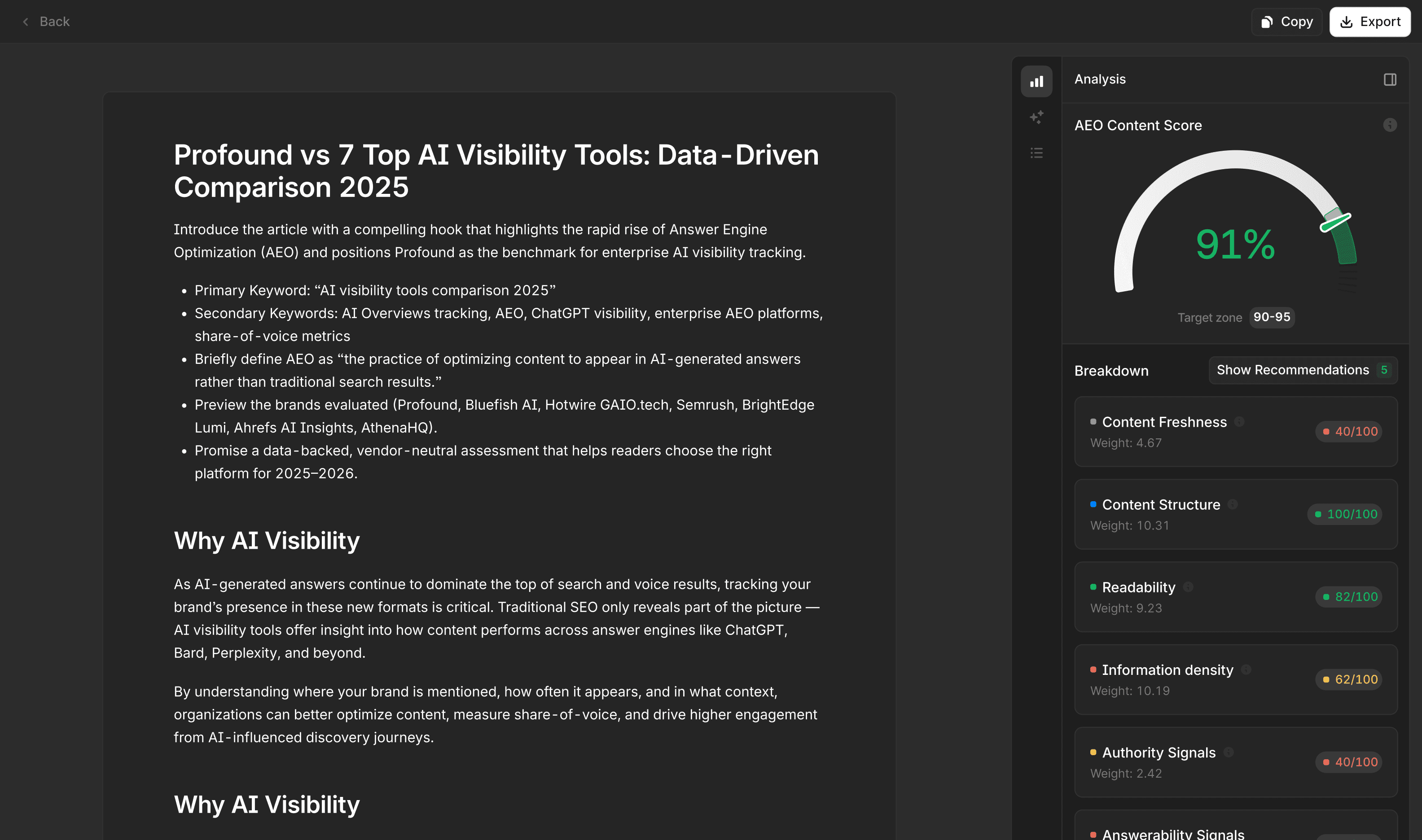 Profound article editor showing a draft with a 91% AEO Content Score and optimization recommendations
