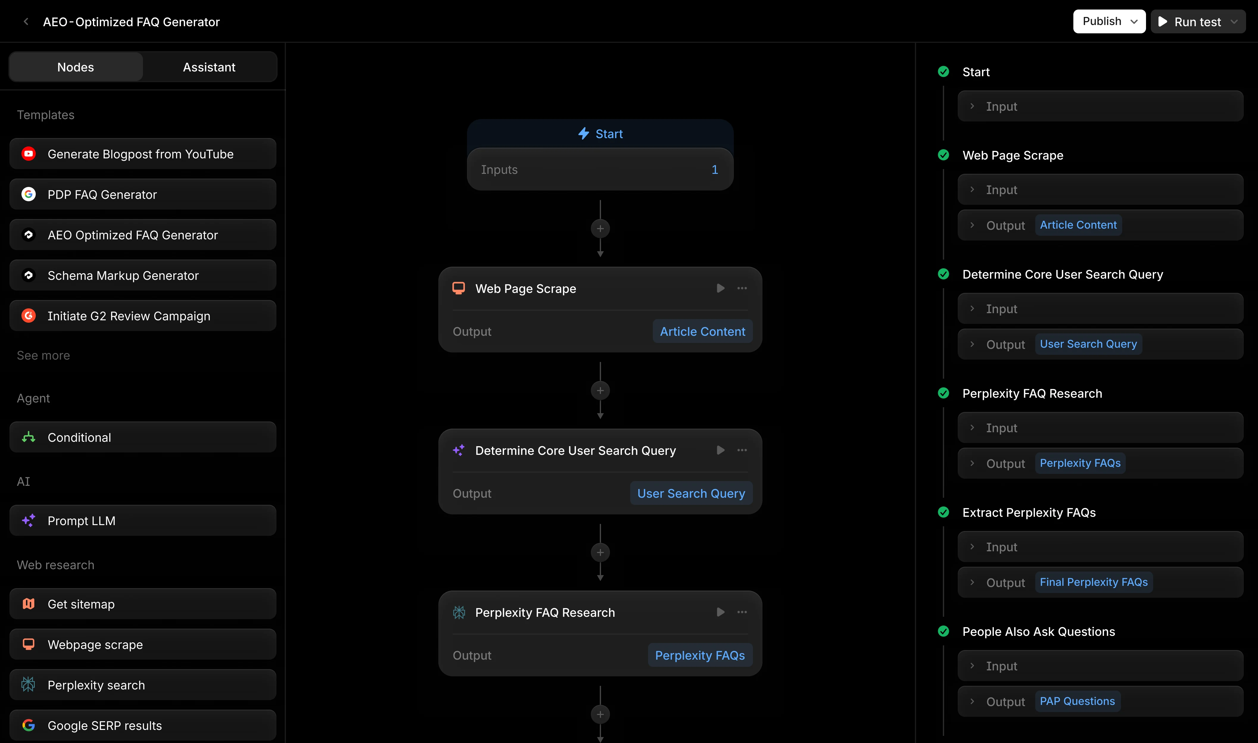 Profound Agent Builder showing an AEO-Optimized FAQ Generator workflow and its results