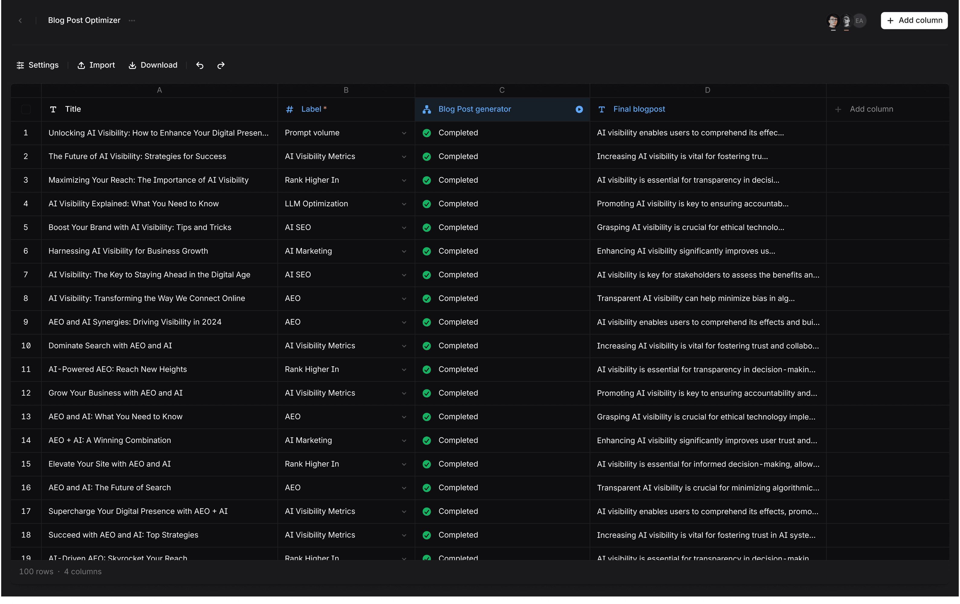 Agents Sheets interface showing a Blog Post Optimizer workflow